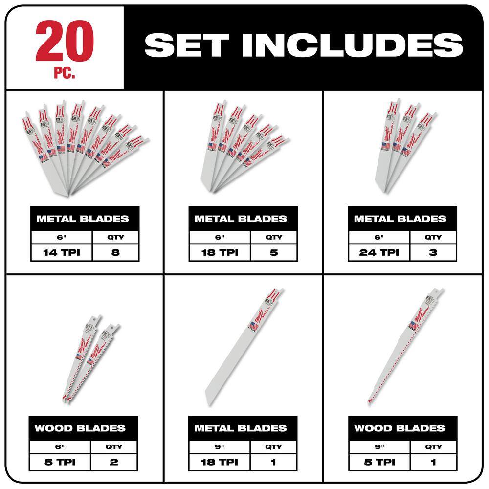 Milwaukee 49-22-1110U-48-89-4631 SAWZALL Bi-Metal Wood and Metal Cutting Reciprocating Saw Blade Set with SHOCKWAVE Titanium Drill Bit Set (43-Piece)