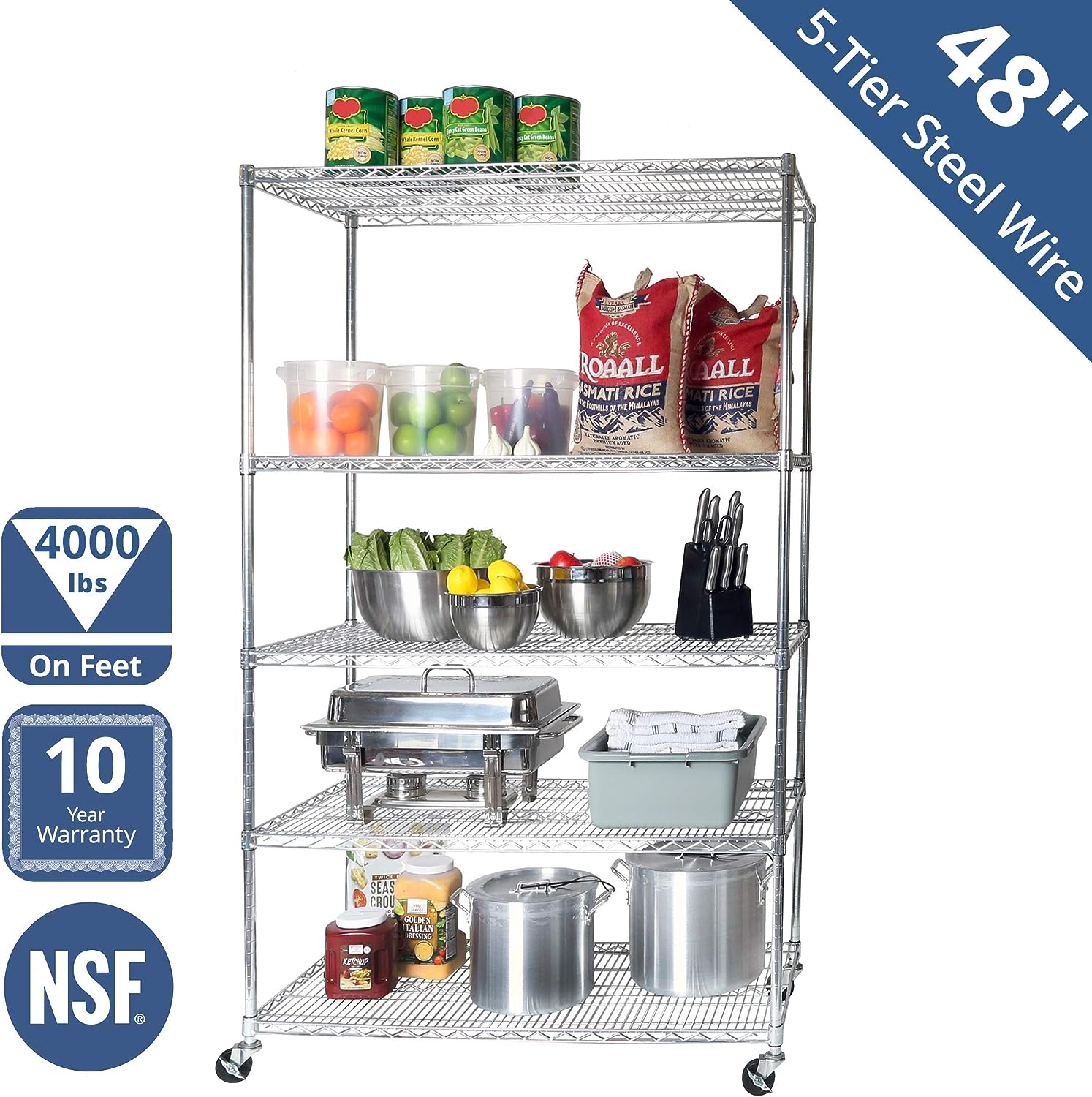 Seville Classics UltraDurable Heavy Duty NSF Solid Steel Wire Rack Storage Unit Organizer for Garage. Warehouse. Office. Restaurant. Classroom. Kitchen. Steel. 5-Tier Shelving. 48″ W x 24″ D