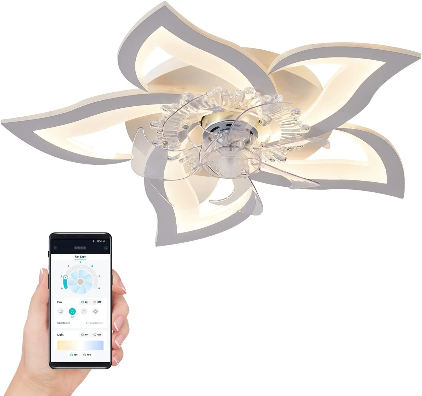 27.2″ Smart Ceiling Fan with Lights Remote APP Control. Modern Flush Mount Bladeless Ceiling Fan. 3 Color 6 Speeds Low Profile Ceiling Fan with Light for Bedroom Living Room Kitchen - White