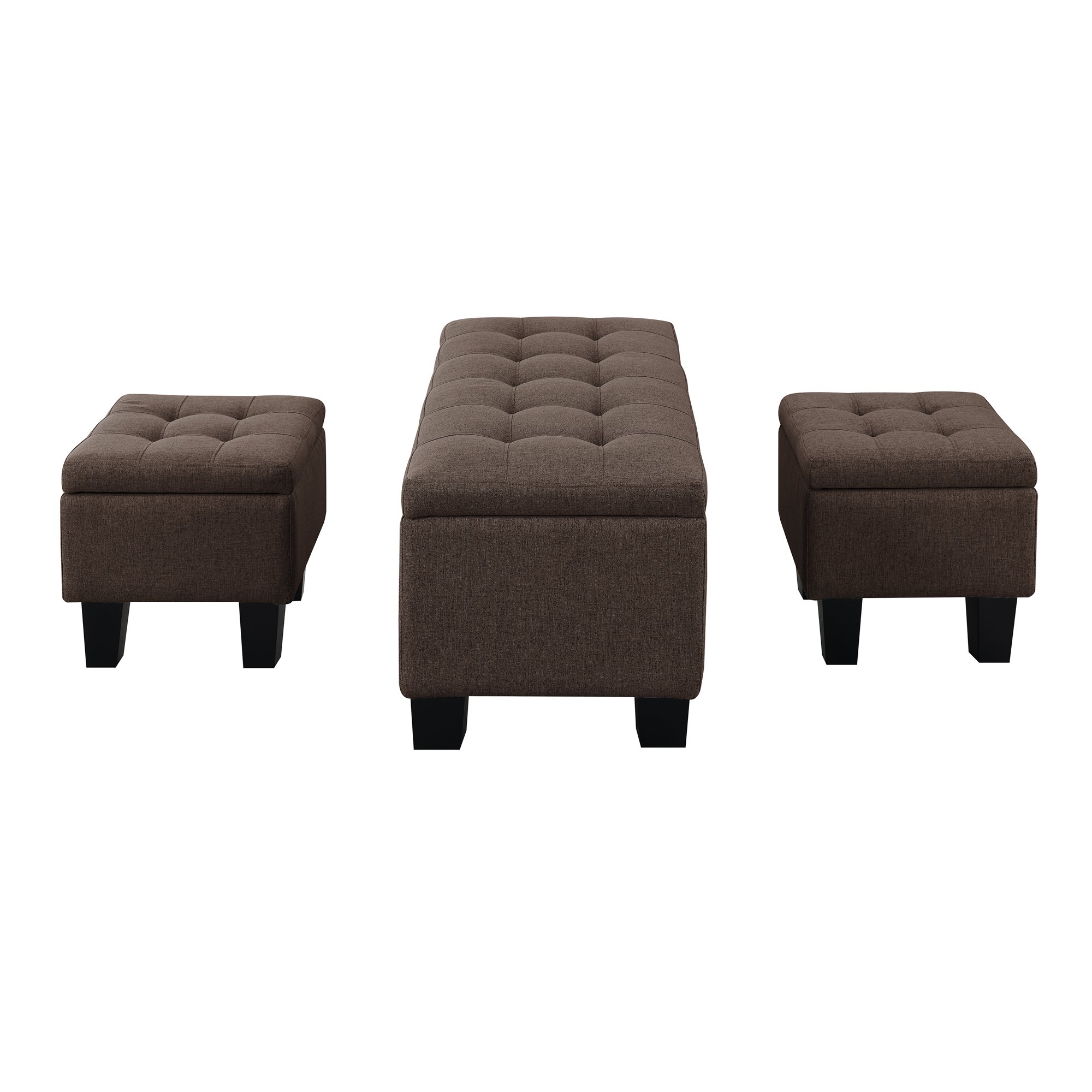 AC Pacific Tufted Upholstery Storage Bench with Matching Ottomans. Brown. 3pcs