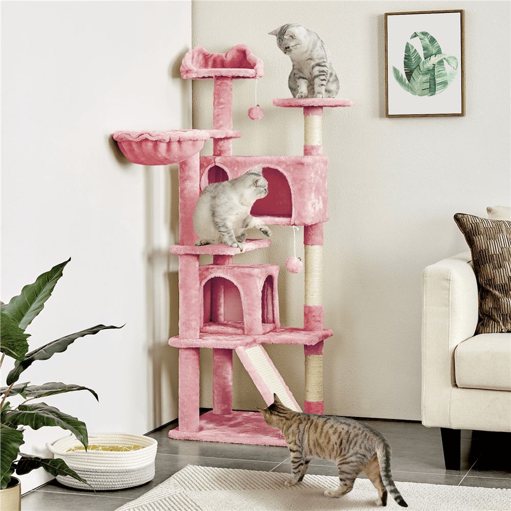 SmileMart 54″ Double Condo Cat Tree with Scratching Post Tower. Pink