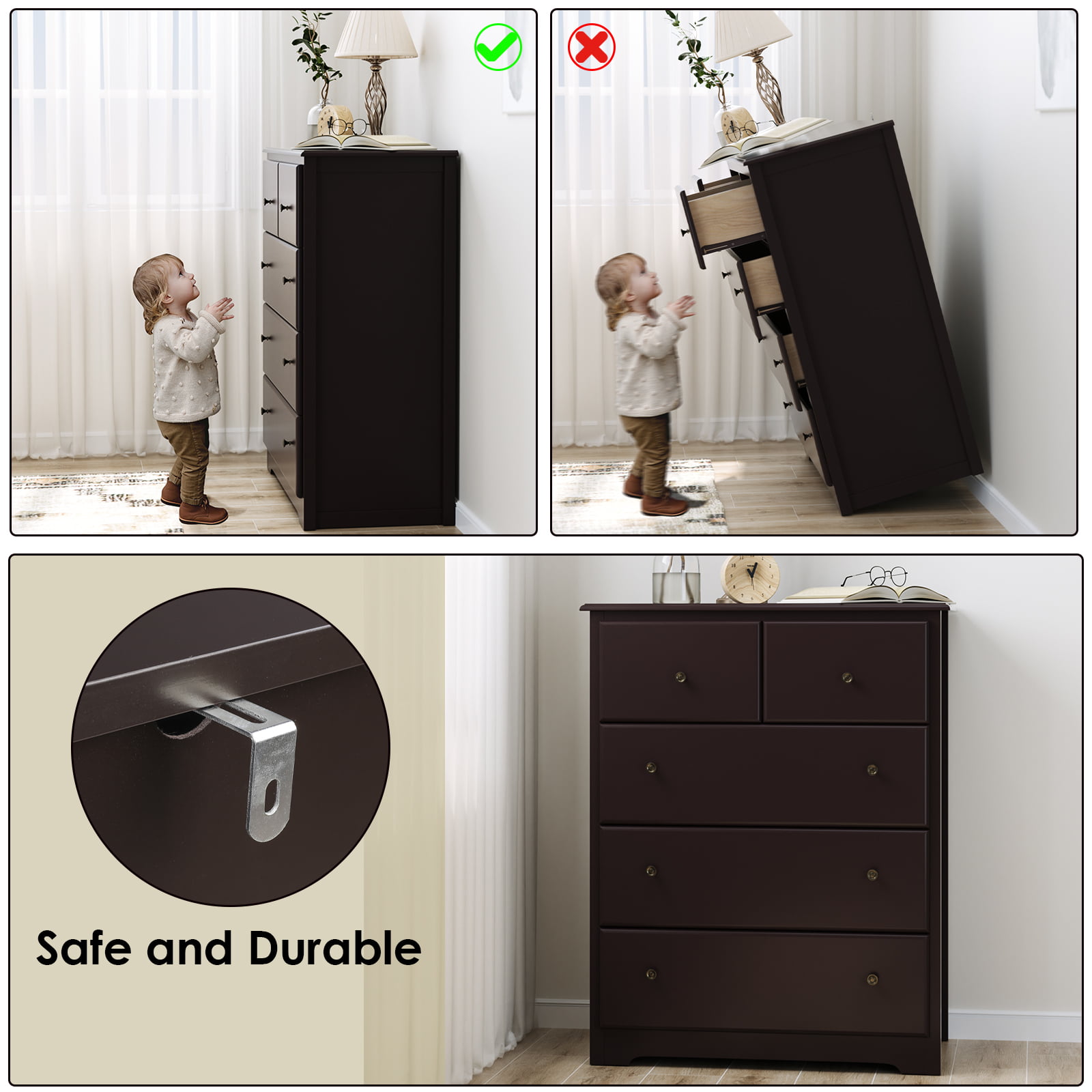 Homfa Retro Dressers for Bedroom. Modern Horizontal Dresser of 5 Drawers. 29” W Dresser Chest of Drawers for Kids