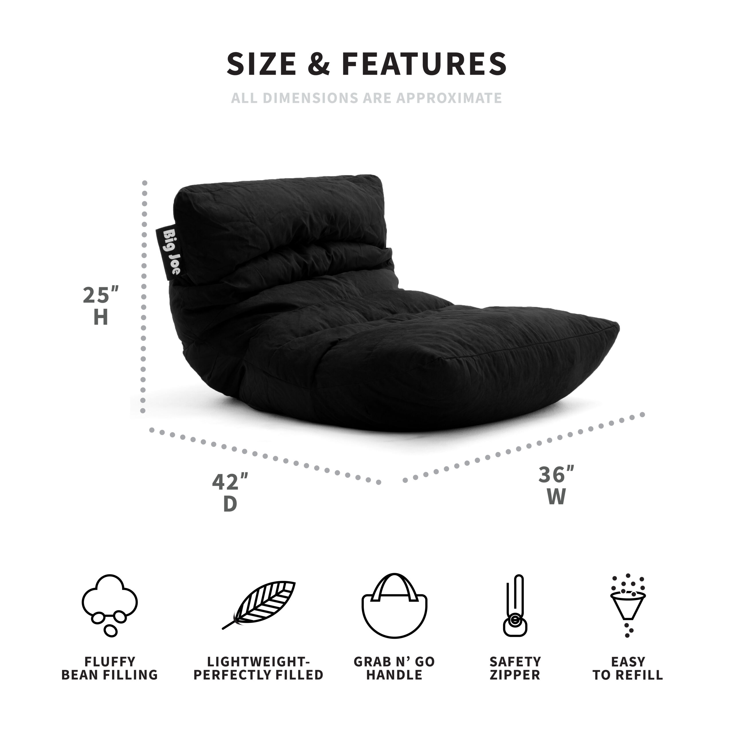 Big Joe Roma Bean Bag Chair. Plush 3ft. Black