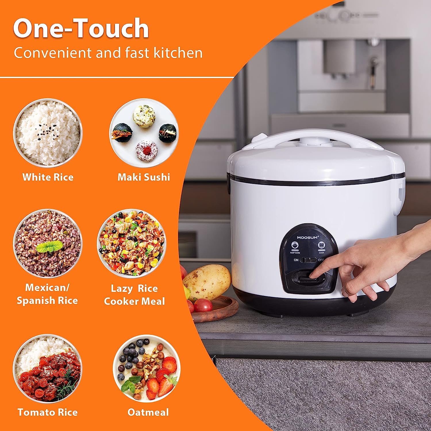 MOOSUM Electric Rice Cooker with One Touch for Asian Japanese Sushi Rice. 5-cup Uncooked/10-cup Cooked. Fast&Convenient Cooker with Ceramic Nonstick inner pot. Stainless Steel Housing and Auto Warmer