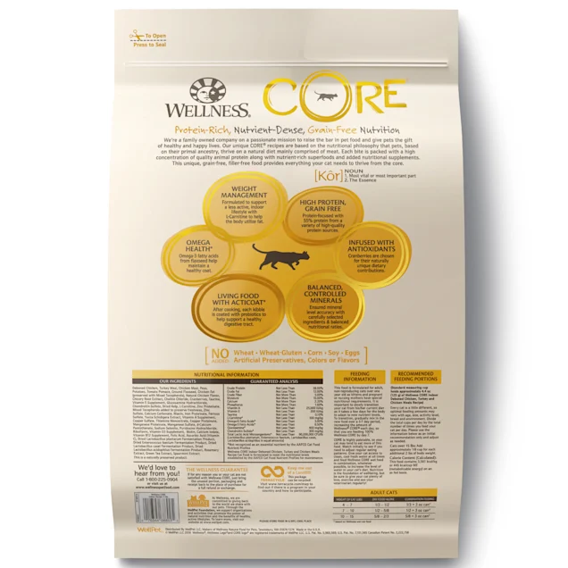 Wellness CORE Natural Grain Free Chicken & Turkey Dry Indoor Cat Food. 11-Pound Bag