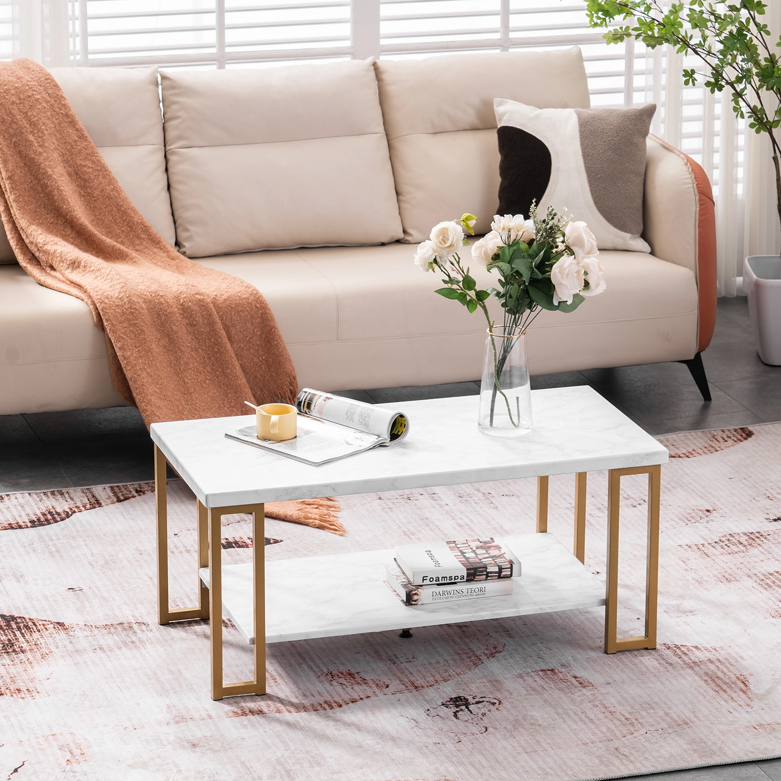 DISCOUNTTODAY (106 x 50 x 48cm) Simple Double-layer Golden Iron Pipe Marble PVC Coffee Table Rectangular