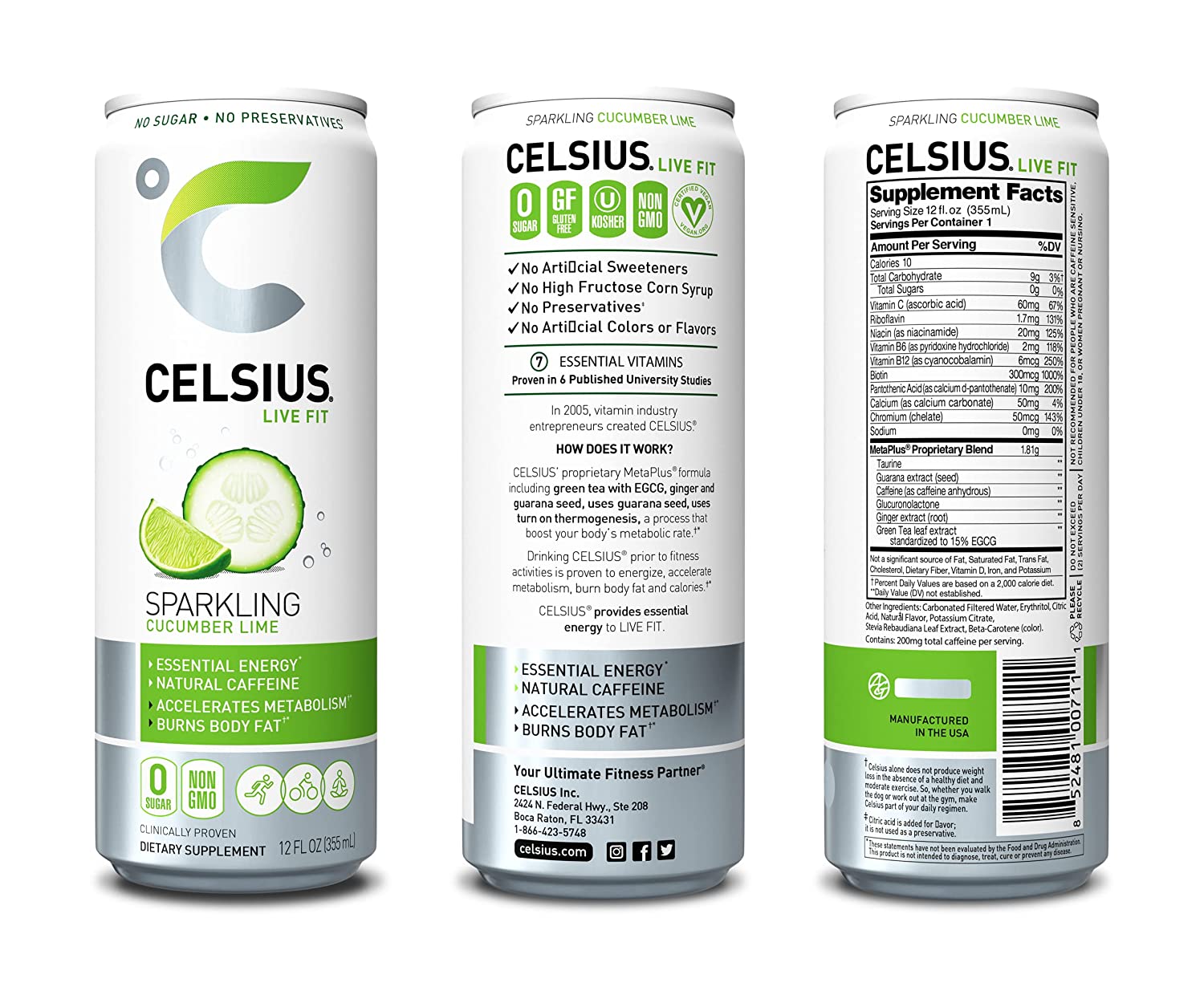 CELSIUS Sweetened with Stevia Sparkling Cucumber Lime Fitness Drink. Zero Sugar. 12oz. Slim Can (Pack of 12)