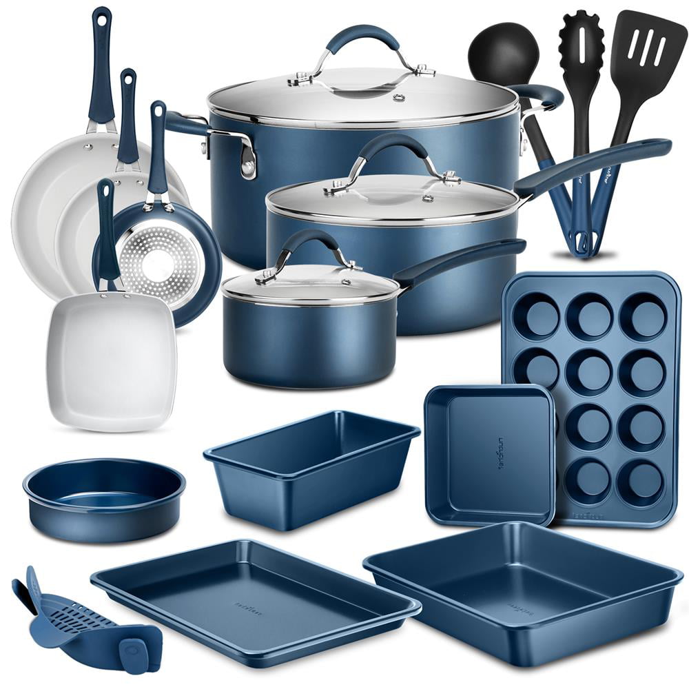 NutriChef 20 Piece Non-stick Cookware and Bakeware Set - Heat Resistant Silicone Handles. Blue