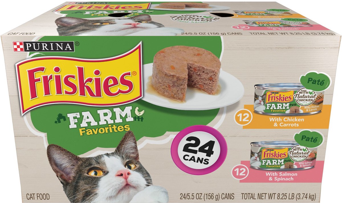 Purina Friskies Farm Favorites Chicken & Carrots & Salmon & Spinach Pate Wet Cat Food Variety Pack. 5.5-oz can. case of 24