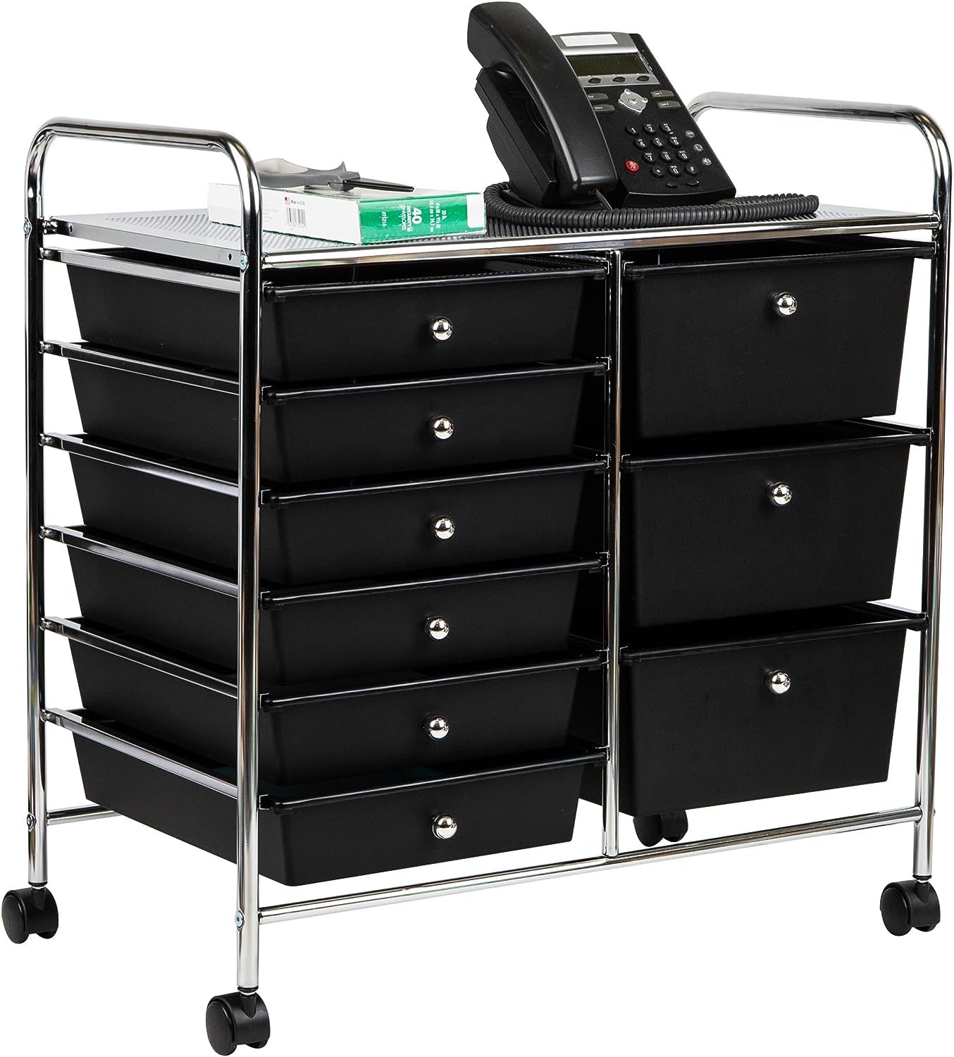 Mind Reader Elevate Collection. 3-Tier. 9-Drawer Mobile Utility Cart. Multi-Purpose. 360° Omnidirectional Casters. Removable Drawers. Metal and Plastic. 24.25″L x 15.25″W x 26.25″H. Black and Silver