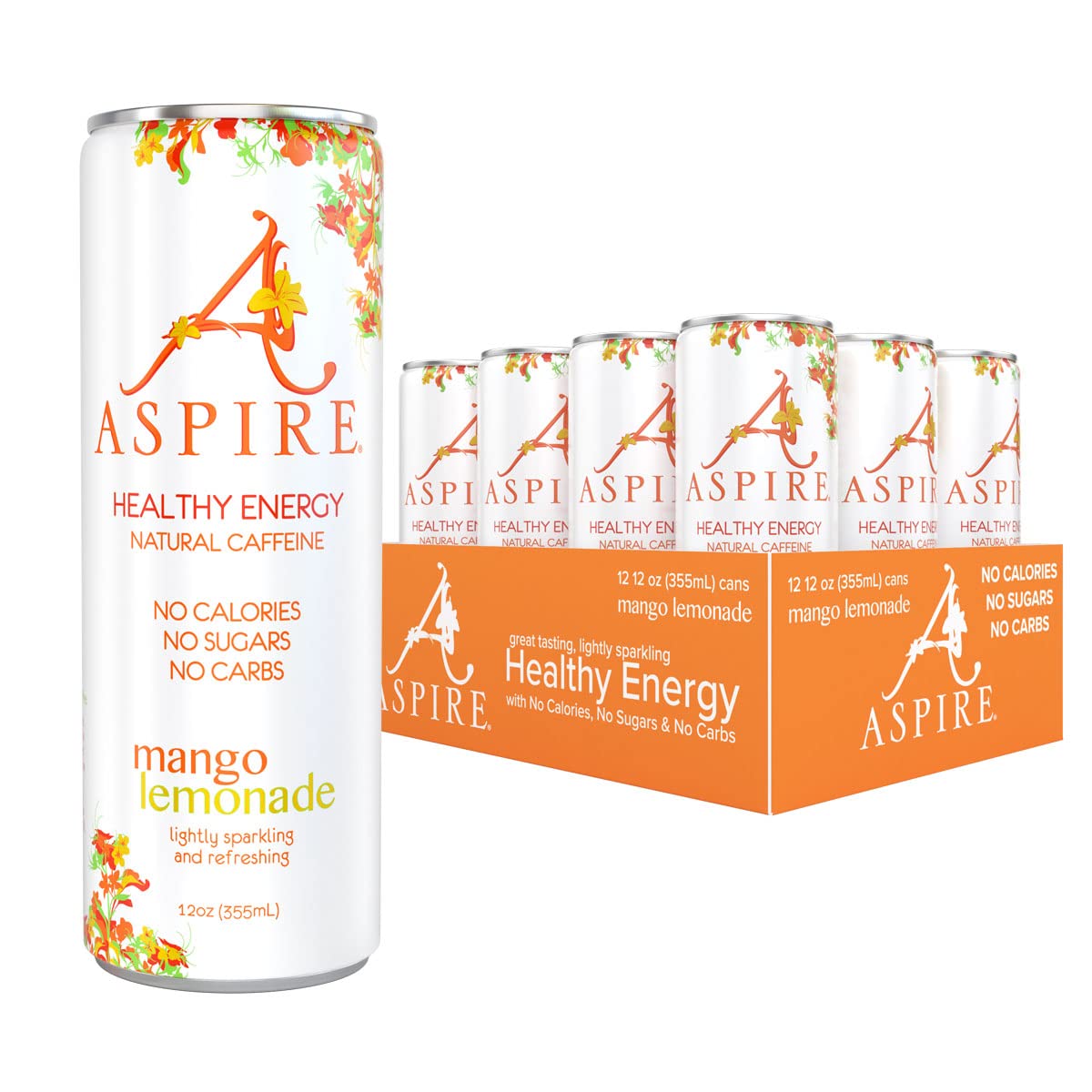 Aspire Healthy Energy Drink. Mango Lemonade (Pack of 12) 12 oz Cans. Natural Caffeine and Zero Sugar. Coffee Substitute. Vitamins B & C. Keto. Vegan. and Kosher Friendly