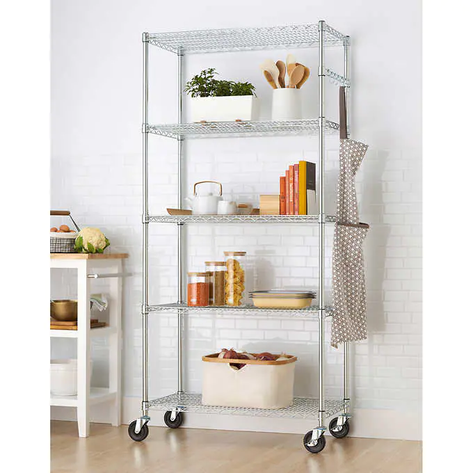 TRINITY EcoStorage 5-Tier Wire Shelving Rack with Wheels . 36″ x 18″ x 72″ NSF. Chrome