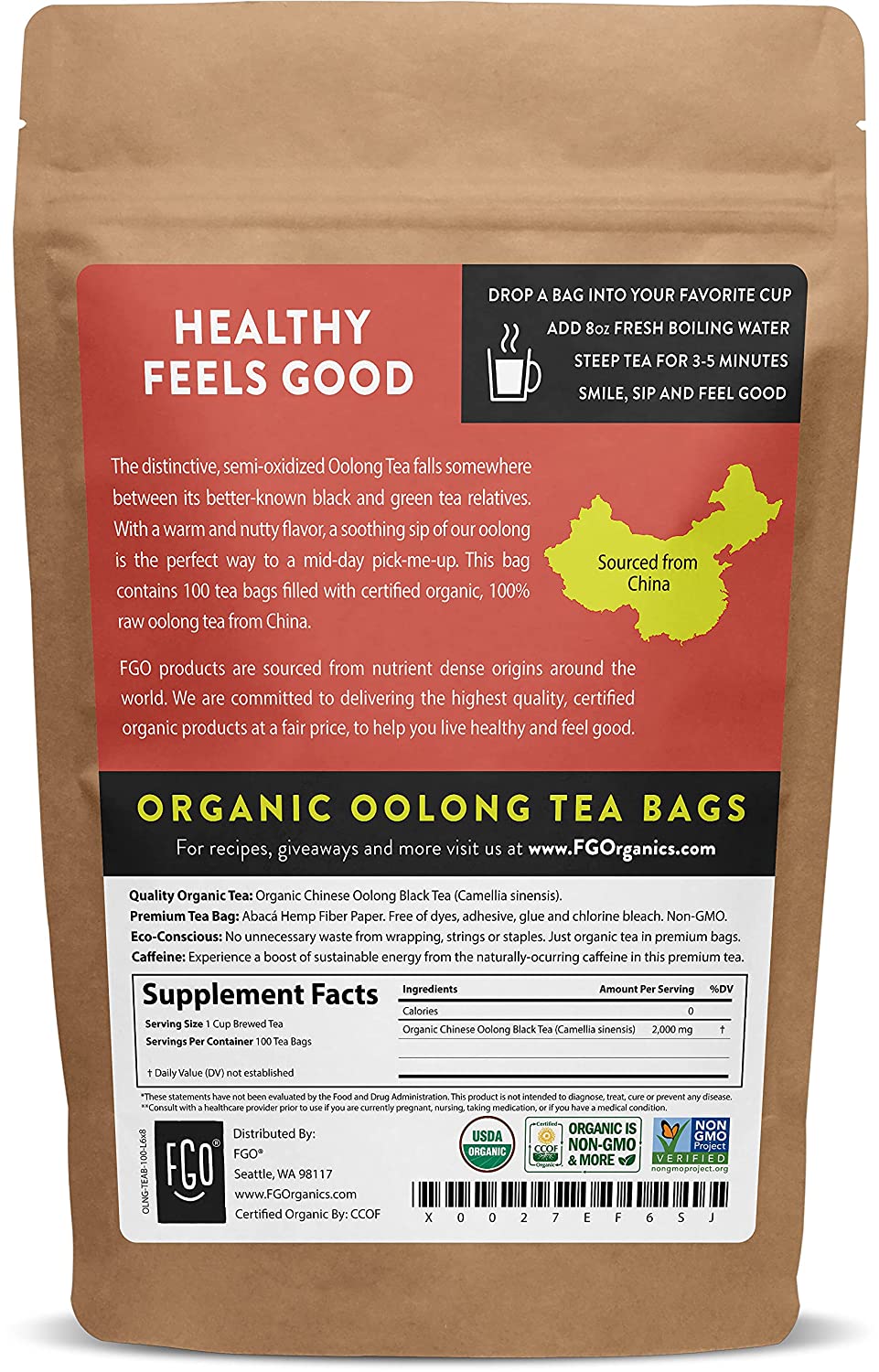 FGO Organic Oolong Tea Bags 100 Tea Bags Eco-Conscious Tea Bags in Kraft Bag Raw from China