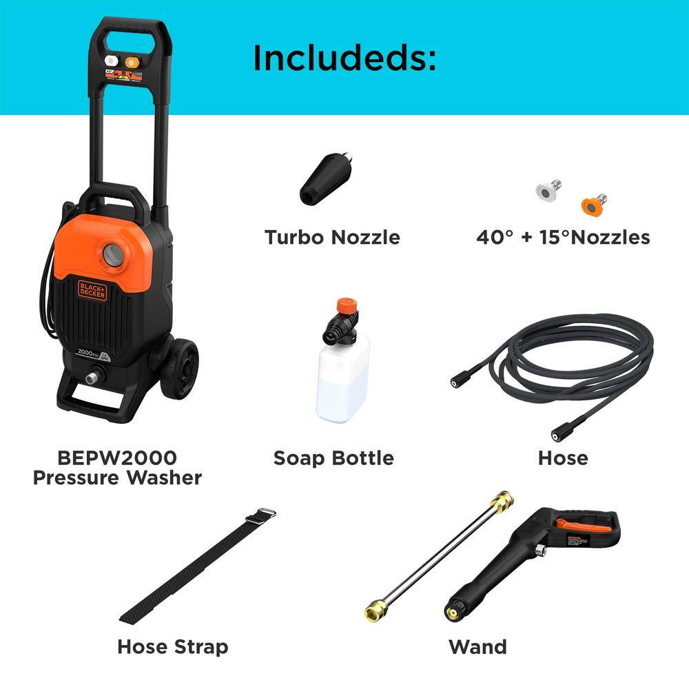 BLACK+DECKER BEPW2000 2000 PSI 1.2 GPM Cold Water Electric Pressure Washer with Integrated Wand and Hose Storage