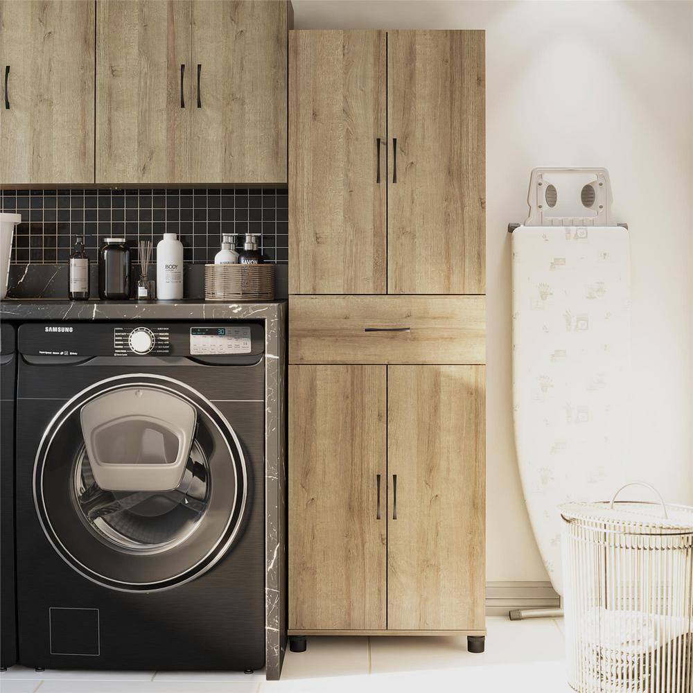 SystemBuild  Lonn 23.46 in. W x 75.25 in. H x 15.4 in. D 4-Shelves 4-Doors 1-Drawer Freestanding Cabinet in Natural