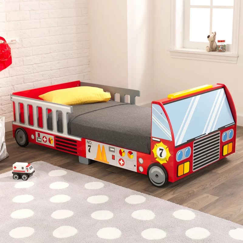KidKraft Fire Truck Wooden Toddler Bed with Guard Rails. Children-s Furniture - Red. Gift for Ages 15 mo+