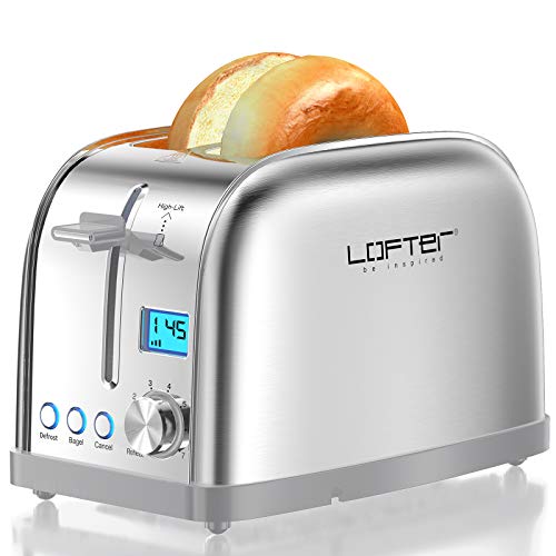 2 Slice Toaster. LOFTer Prime Rated Bagel Toasters with LCD Display. Stainless Steel Toaster with 7 Bread Settings with Bagel/Defrost/Reheat Function. 1.6″ Wide Slots. Removable Crumb Tray.