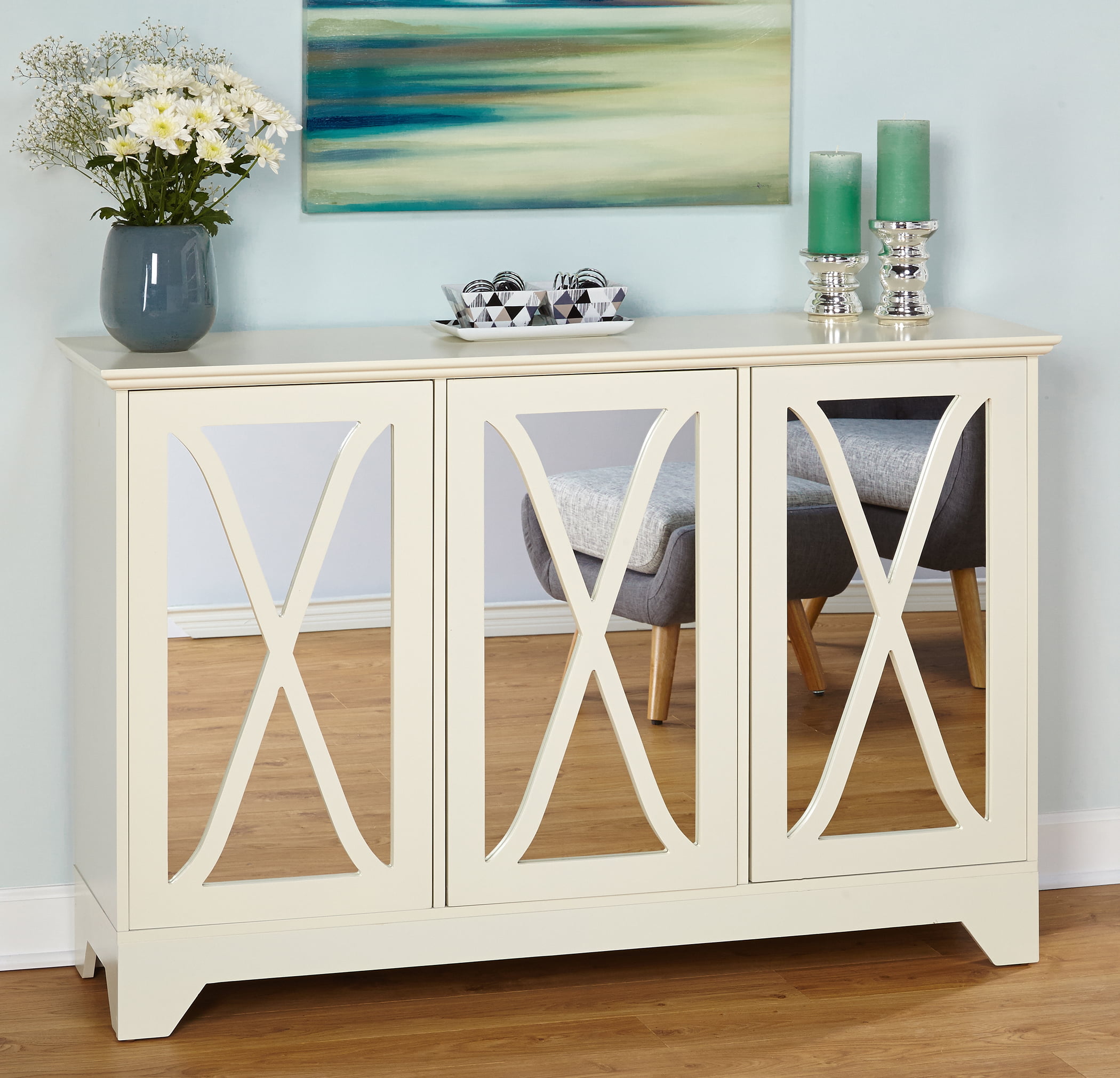 TMS Reflections Buffet Console with Mirrored Doors. Antique White