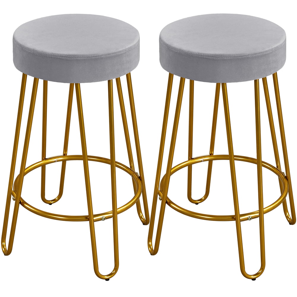 SMILE MART 26.5″ Upholstered Velvet Bar Stools for Kitchen. 2pcs. Gray with Gold