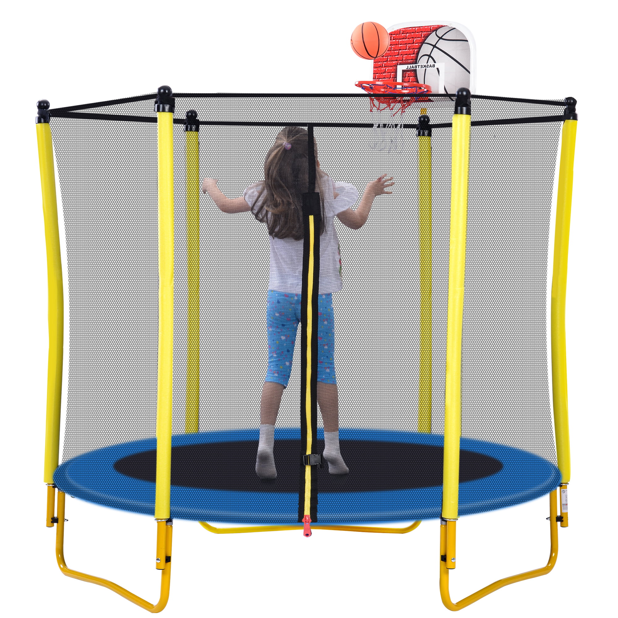 EUROCO 220LBS 5.5FT Trampoline for Kids - 65″ Outdoor & Indoor Mini Toddler Trampoline with Enclosure. Basketball Hoop and Ball Included