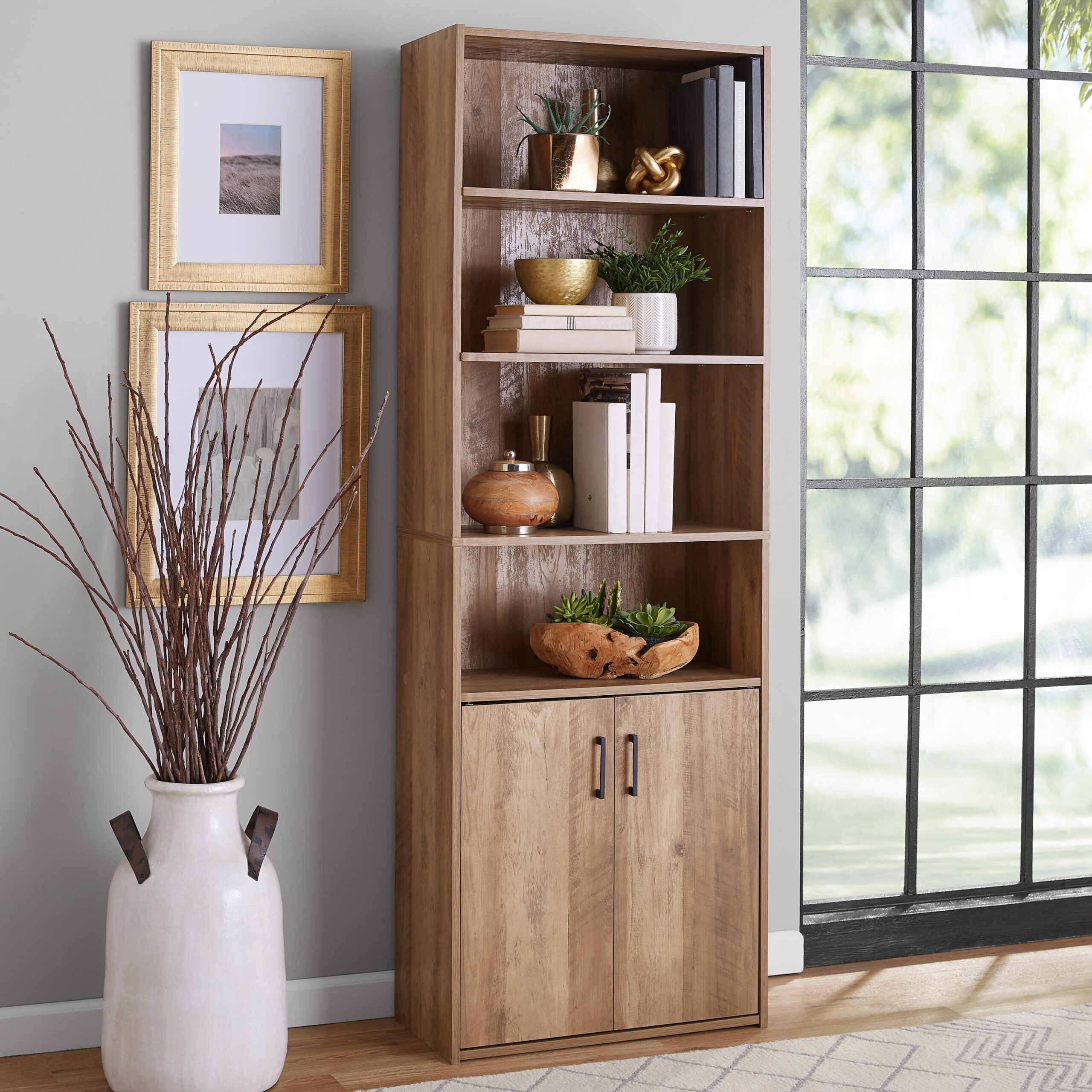 Mainstays Traditional 5 Shelf Bookcase With Doors. Weathered Oak