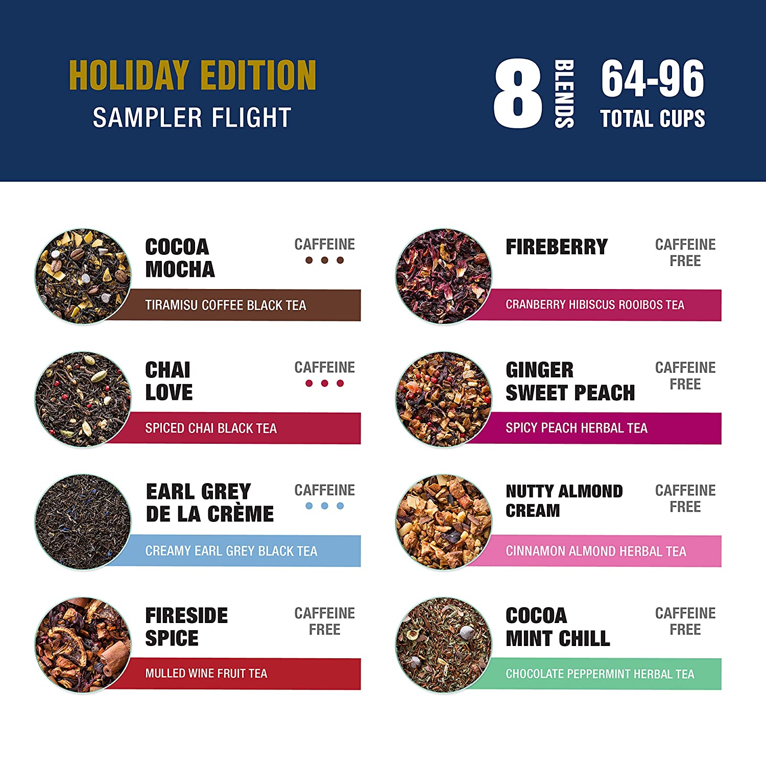 Tiesta Tea. Holiday Tea Sampler. 8 x 1 oz Pouches. 8 Pack