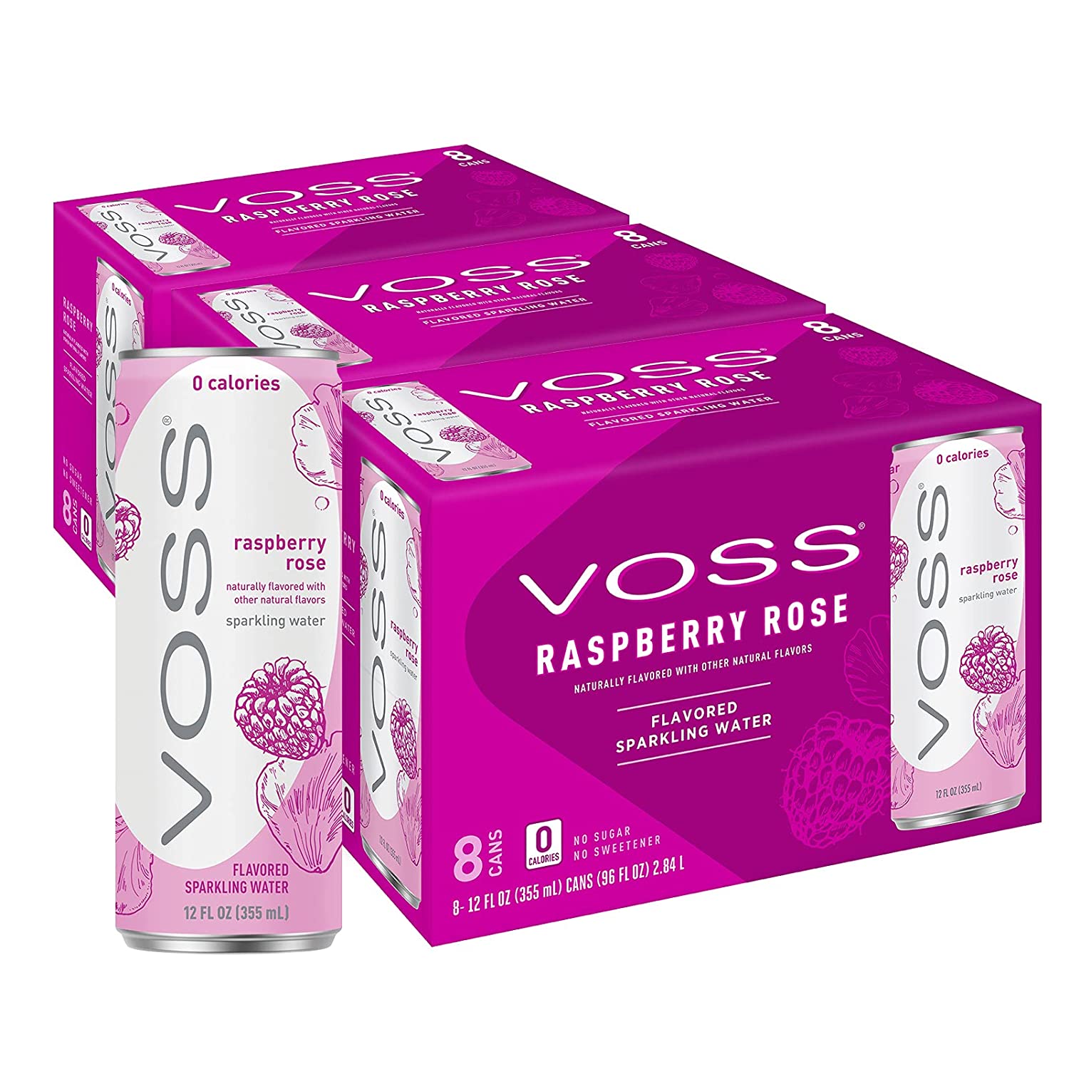 VOSS Raspberry Rose Flavored Sparkling Water. Unsweetened. Zero Calories. 24 Count