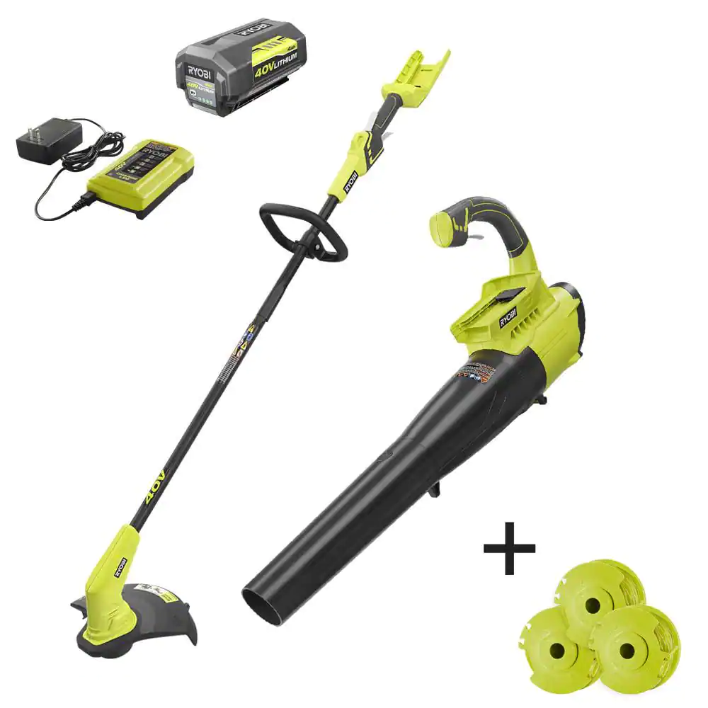 RYOBI RY40930-AC 40V Cordless Battery String Trimmer and Jet Fan Blower Combo Kit w/Extra 3-Pack of Spools. 4.0 Ah Battery and Charger