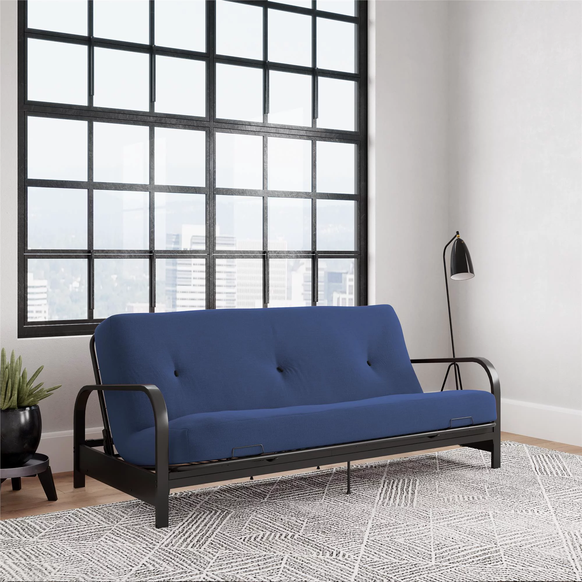 DHP Cleo Black Metal Arm Full Size Futon Frame with 6 Blue Mattress