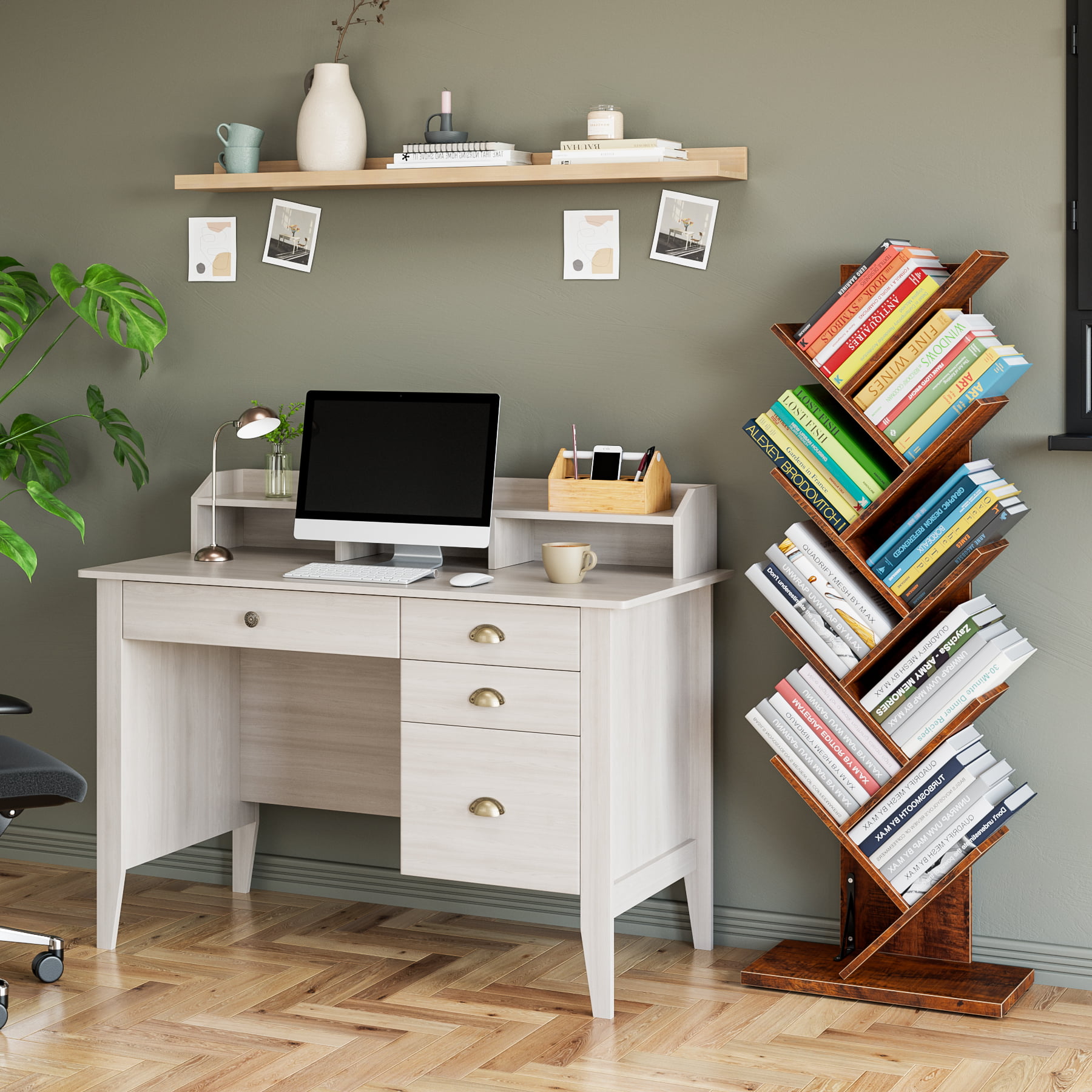 Homfa 47 in Computer Desk. Home Office Writing Table with 4 Drawers and Hutch Shelf. Sturdy Desk with Spacious Desktop. Oak White Finish