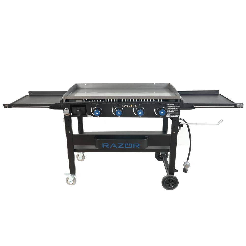 Razor GGC2241M-A 37 in. 4-Burner Propane Gas Griddle Grill with Foldable Shelves in Black with Condiment Tray and Wind Guards included