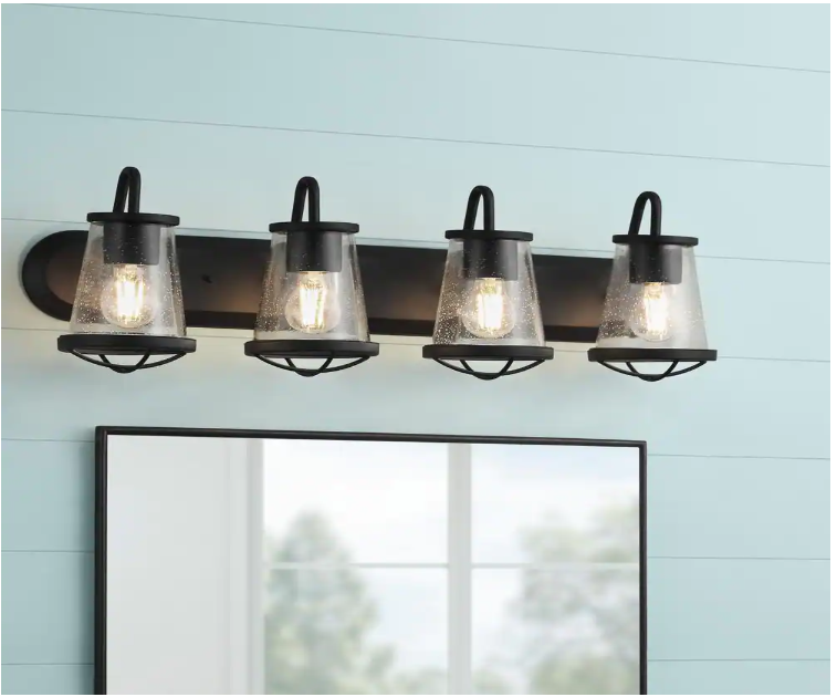 Home Decorators Collection HB2584-43 30 in. Georgina 4-Light Matte Black Industrial Bathroom Vanity Light with Clear Seedy Glass Shades