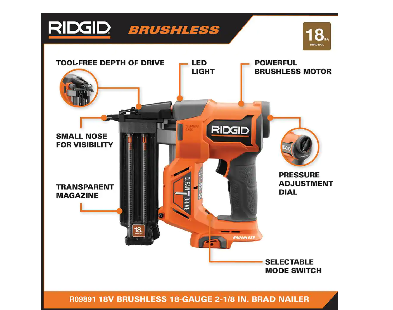 RIDGID R09891K 18V Brushless Cordless 18-Gauge 2-1/8 in. Brad Nailer with CLEAN DRIVE Technology with 2.0 Ah Battery and Charger