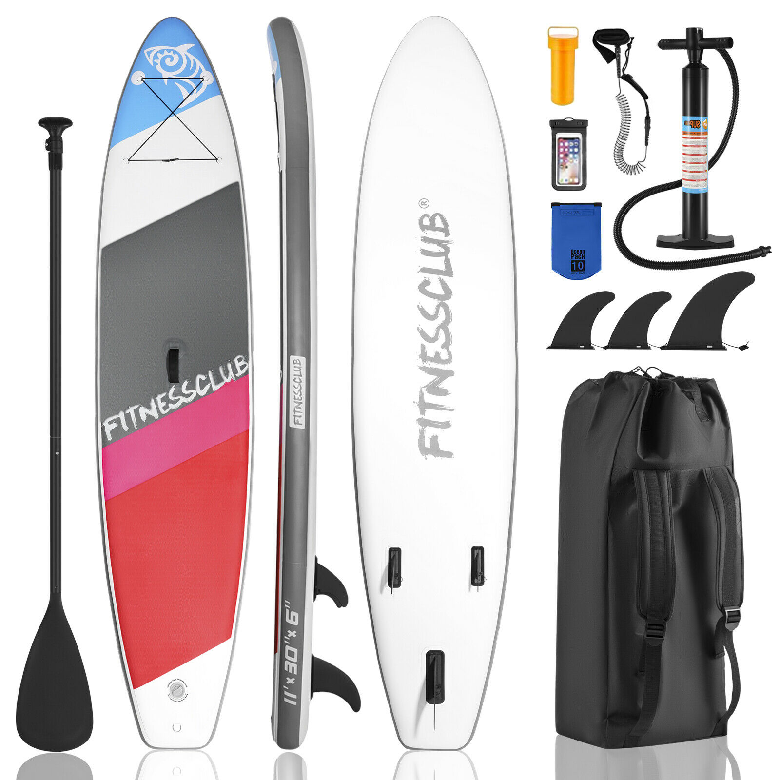 Fitnessclub 11-x30″x6″ Inflatable Stand Up Paddle Board Surfboard SUP for Youth Adult with Complete Kit