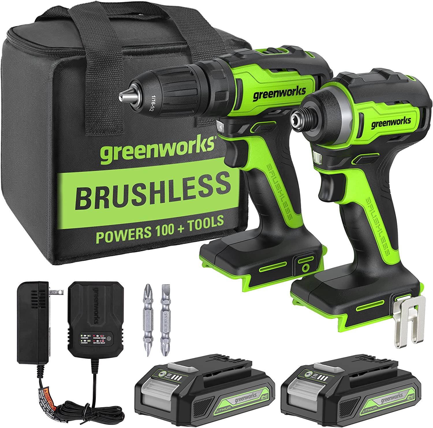 Greenworks 24V Max Cordless Brushless Drill + Impact Combo Kit. (2) 2.0Ah Batteries. FAST Charger. and Bag Included