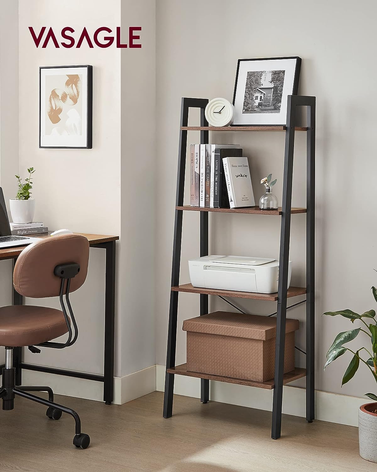 VASAGLE Ladder Shelf. 4-Tier Bookshelf. Storage Rack. Bookcase with Steel Frame. for Living Room. Home Office. Kitchen. Bedroom. Industrial Style. Hazelnut Brown and Black ULLS044B03