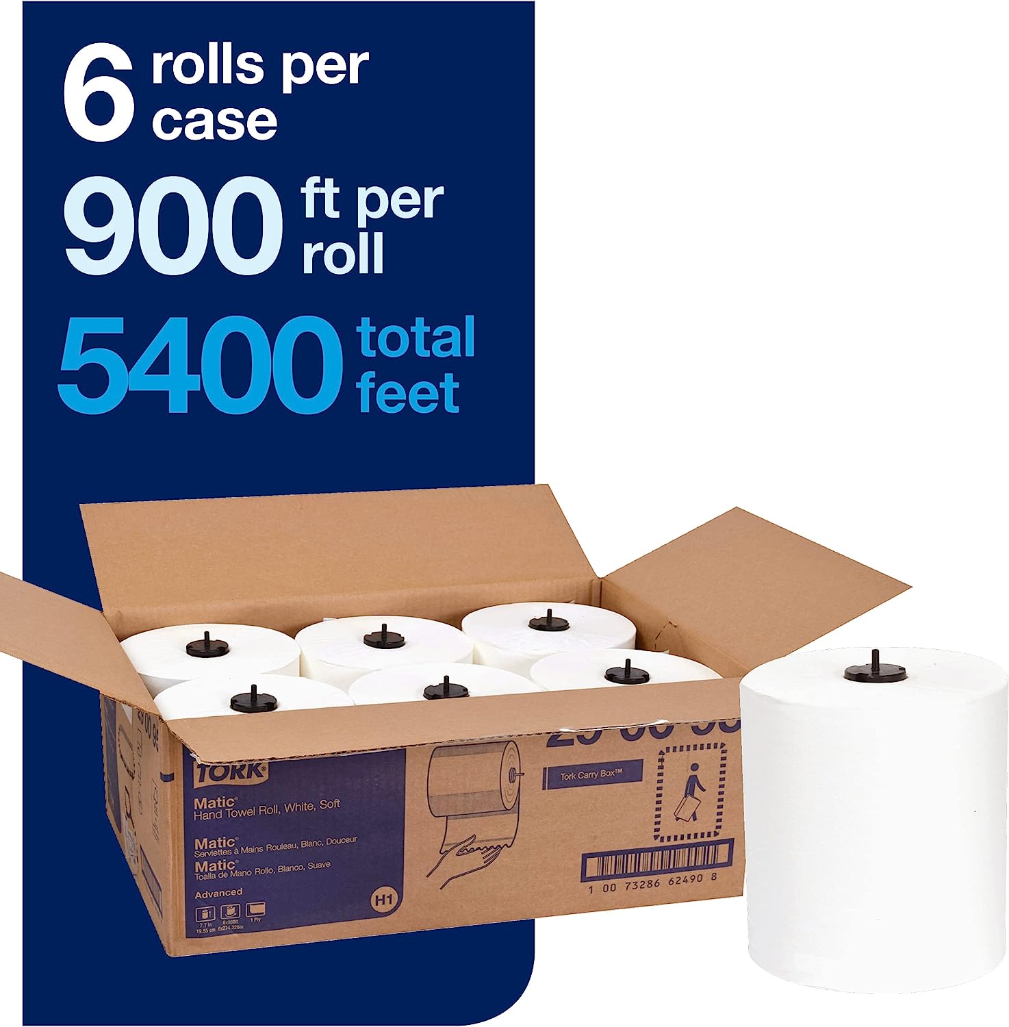 Tork Matic Soft Hand Towel Roll. White. Advanced. H1. Long-Lasting. High Absorbency. High Capacity. 1-Ply. 6 Rolls x 900 ft. 290095