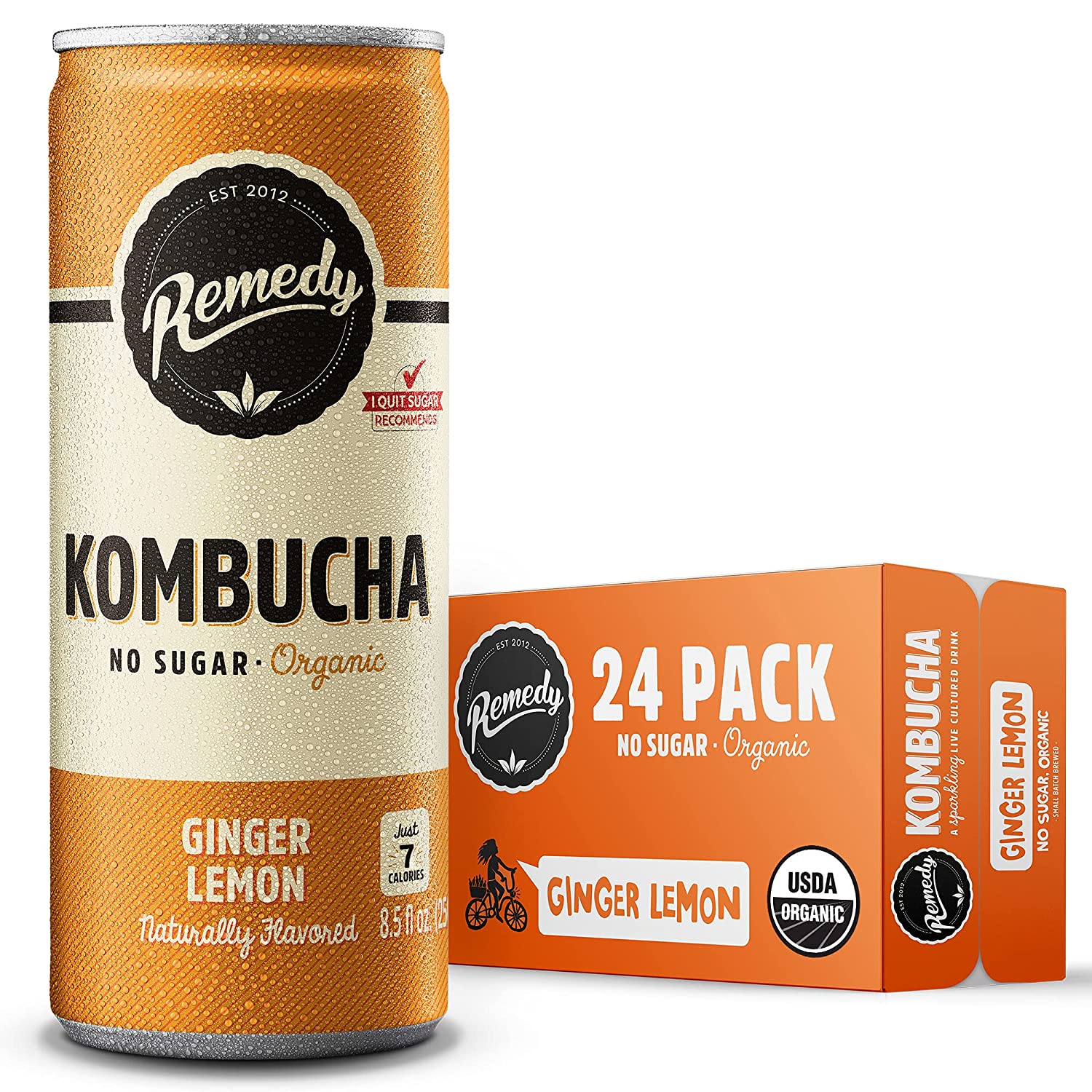Remedy Kombucha Tea Organic Drink - Sugar Free. Keto. Vegan & Gluten Free - Sparkling Live Cultured. Small Batch Brewed Beverage - Ginger Lemon - 8.5 Fl Oz Can. 24-Pack