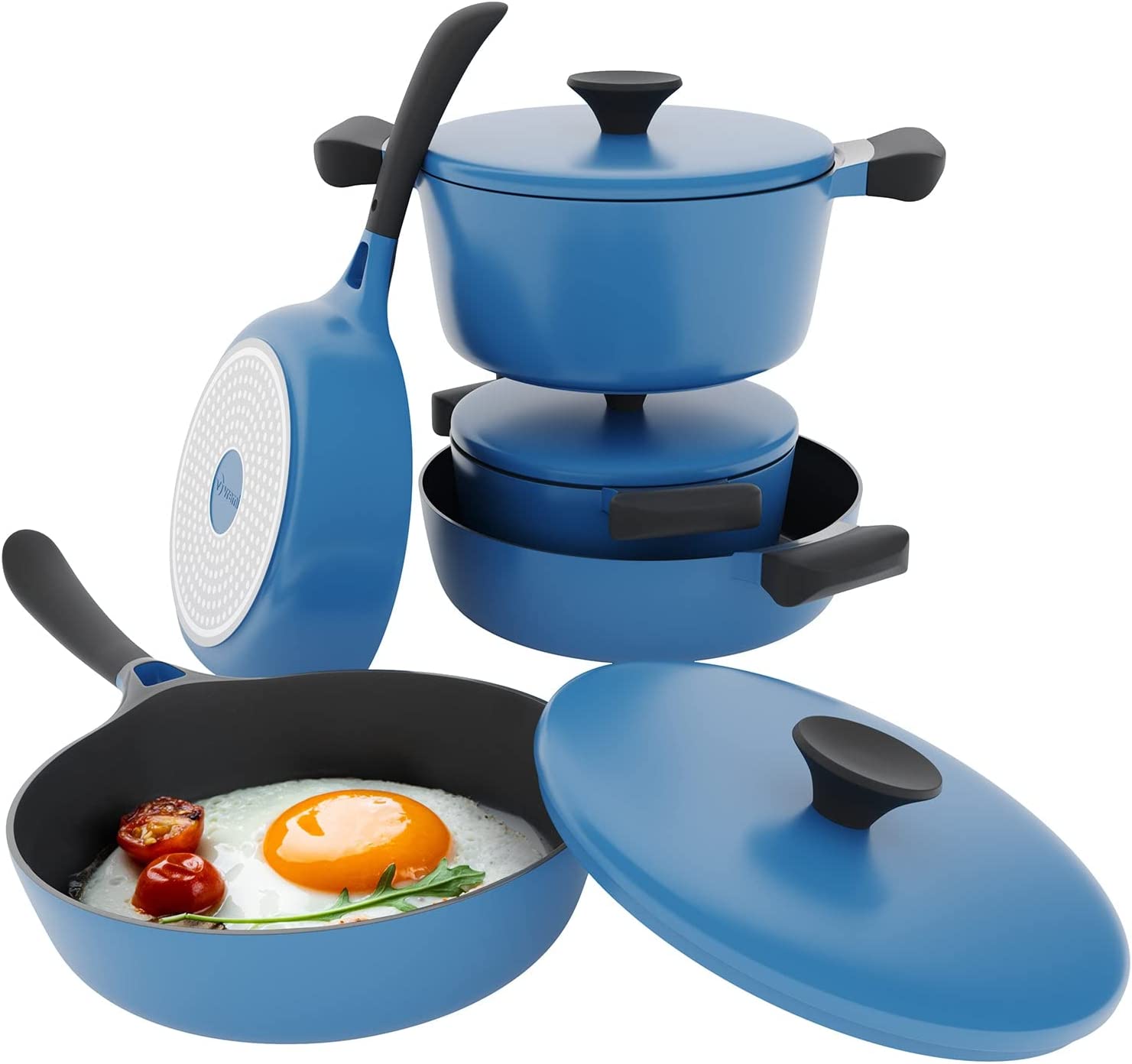 Vremi 8 Piece Ceramic Nonstick Cookware Set Induction Stovetop Compatible Dishwasher Safe Non Stick Pots and Frying Pans with Lids. Blue