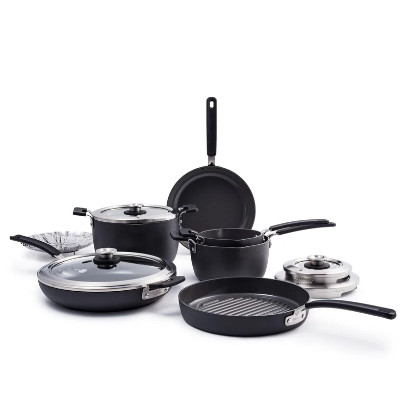 GreenPan Levels Stackable Hard Anodized Healthy Ceramic Nonstick 11 Piece Cookware Pots and Pans Set. PFAS-Free. Dishwasher Safe. Black