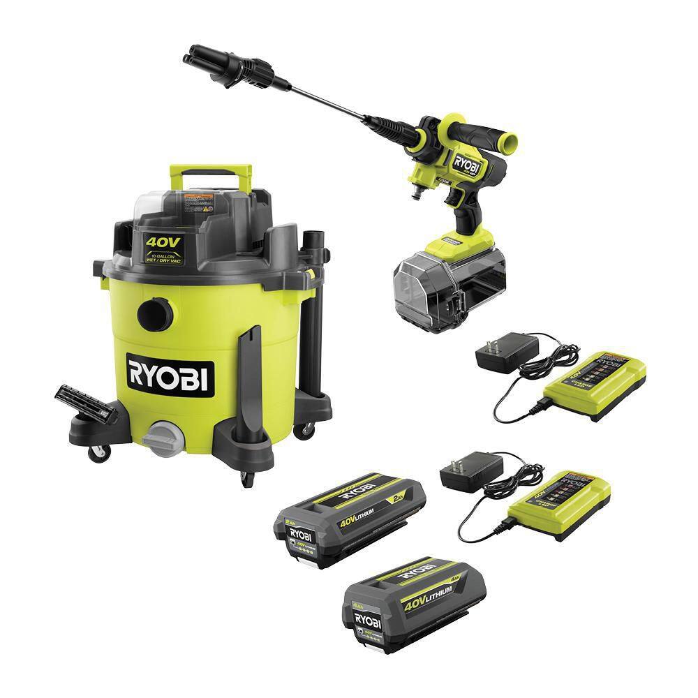 RYOBI RY40WD01K-RY124052KVNM 40V 10 Gal. Cordless Wet/Dry Vacuum with 40V HP Brushless EZClean 600 PSI Power Cleaner. (2) Batteries. and (2) Chargers