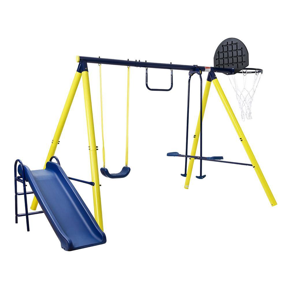 Tidoin MRS-YDMS-08AAC Outdoor Tolddler Swing Set for Backyard with Steel Frame and Seesaw Swing. Basketball Hoop