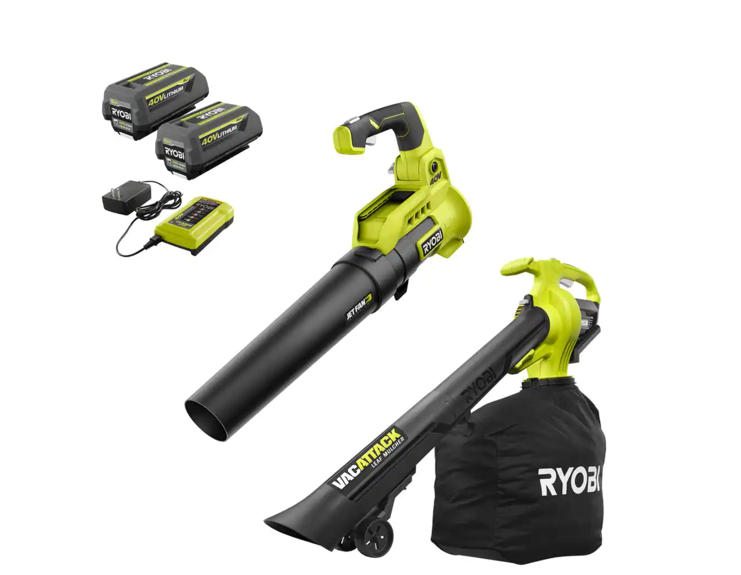 RYOBI RY40451-BL 40V Cordless 110 MPH 525 CFM Cordless Leaf Blower and Cordless Leaf Vacuum/Mulcher w/ (2) Batteries and (2) Chargers