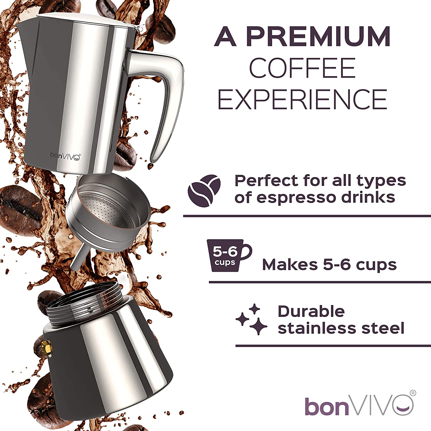 bonVIVO Intenca Stovetop Espresso Maker  Luxurious. Stainless Steel Italian Coffee Maker for Camping or Home Use Makes 6 Cups of Full-Bodied Coffee  Chrome. 10oz
