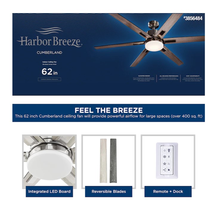 Harbor Breeze Cumberland 62-in Brushed Nickel Color-changing Indoor Ceiling Fan with Light Remote (6-Blade)