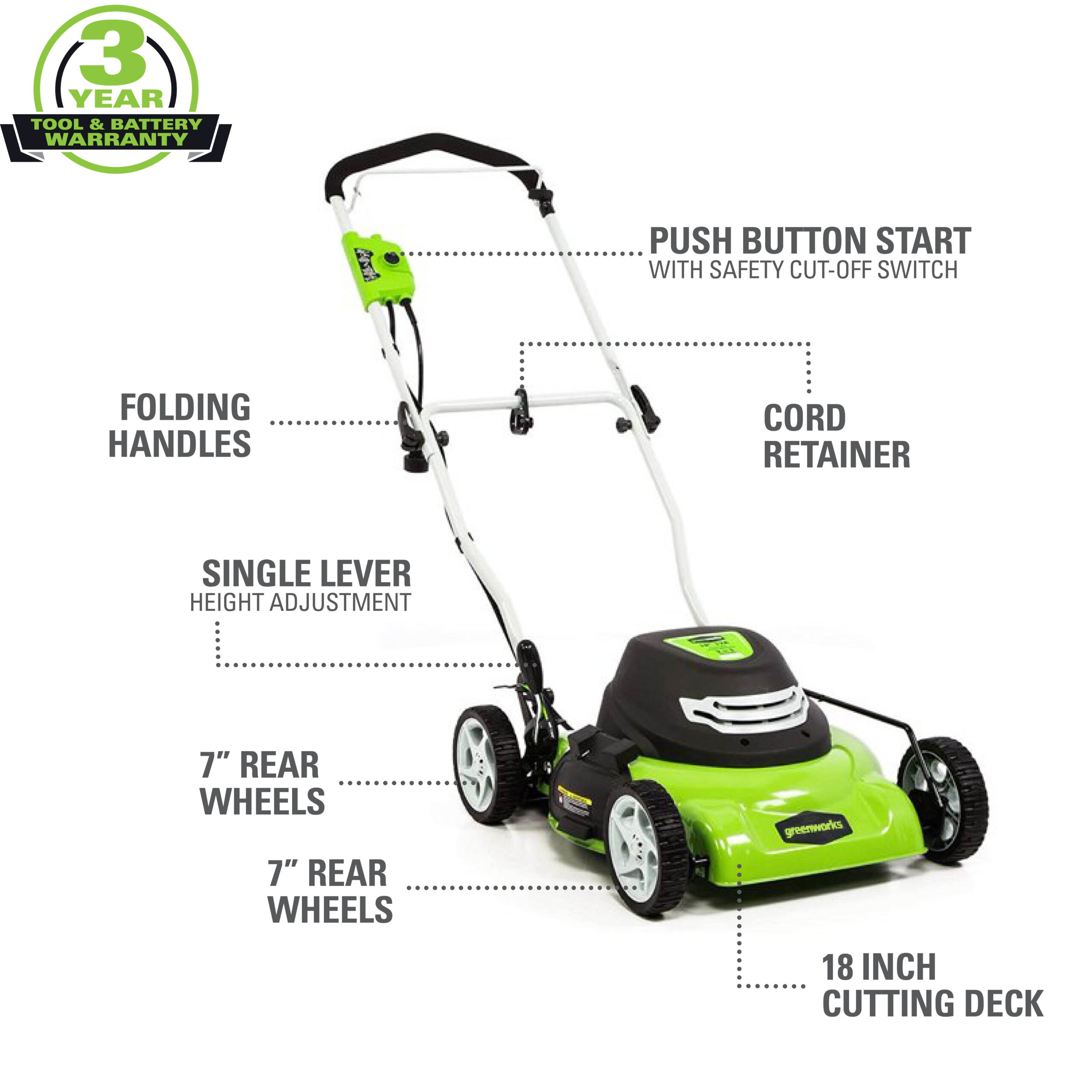 Greenworks 12 Amp 18-inch Corded Electric Walk-Behind Push Lawn Mower. 25012