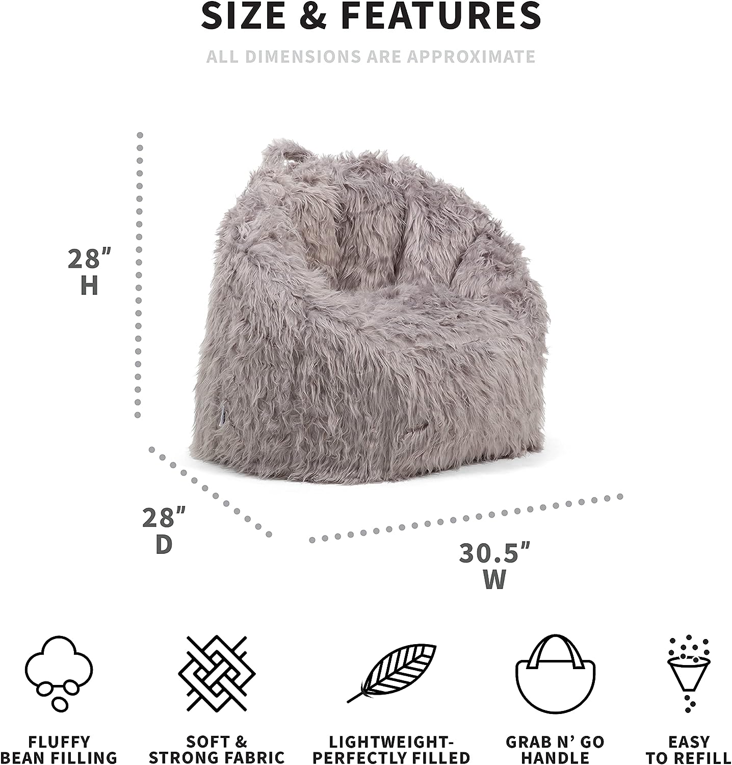 Big Joe Milano Bean Bag Chair. Gray Shag Fur. Soft Faux Fur. 2.5 feet