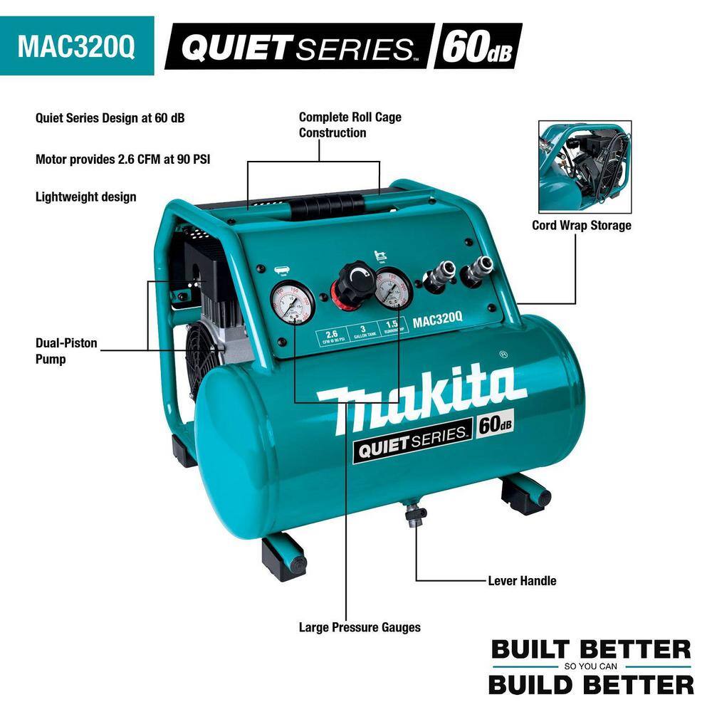 Makita MAC320Q Quiet Series 1-1/2 HP 3 Gal. Oil-Free Electric Air Compressor