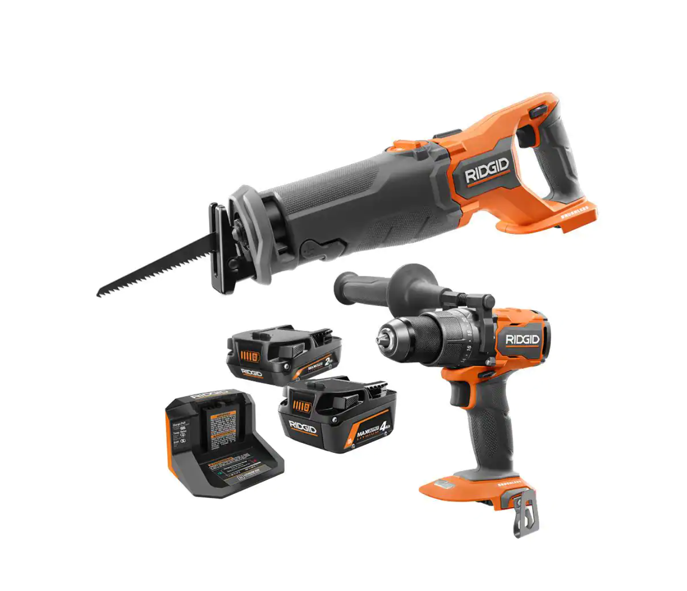 RIDGID R960261SBN 18V Brushless Cordless 1/2 in. Hammer Drill and Recip Saw Kit with (1) 4.0Ah Battery. (1) 2.0Ah Battery. Charger
