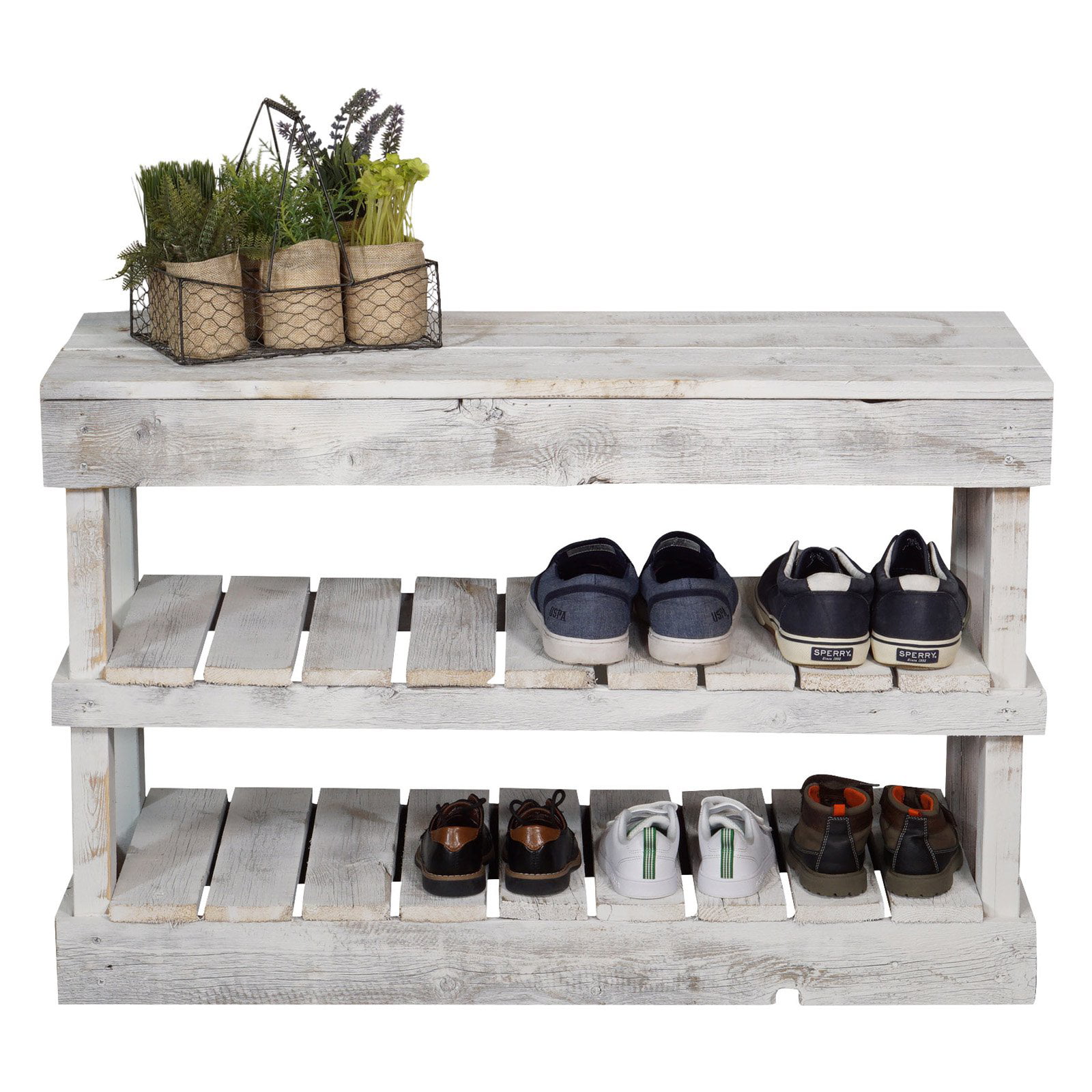Woven Paths Rustic Wood 2 -Tier Shoe Rack Bench with Storage. White